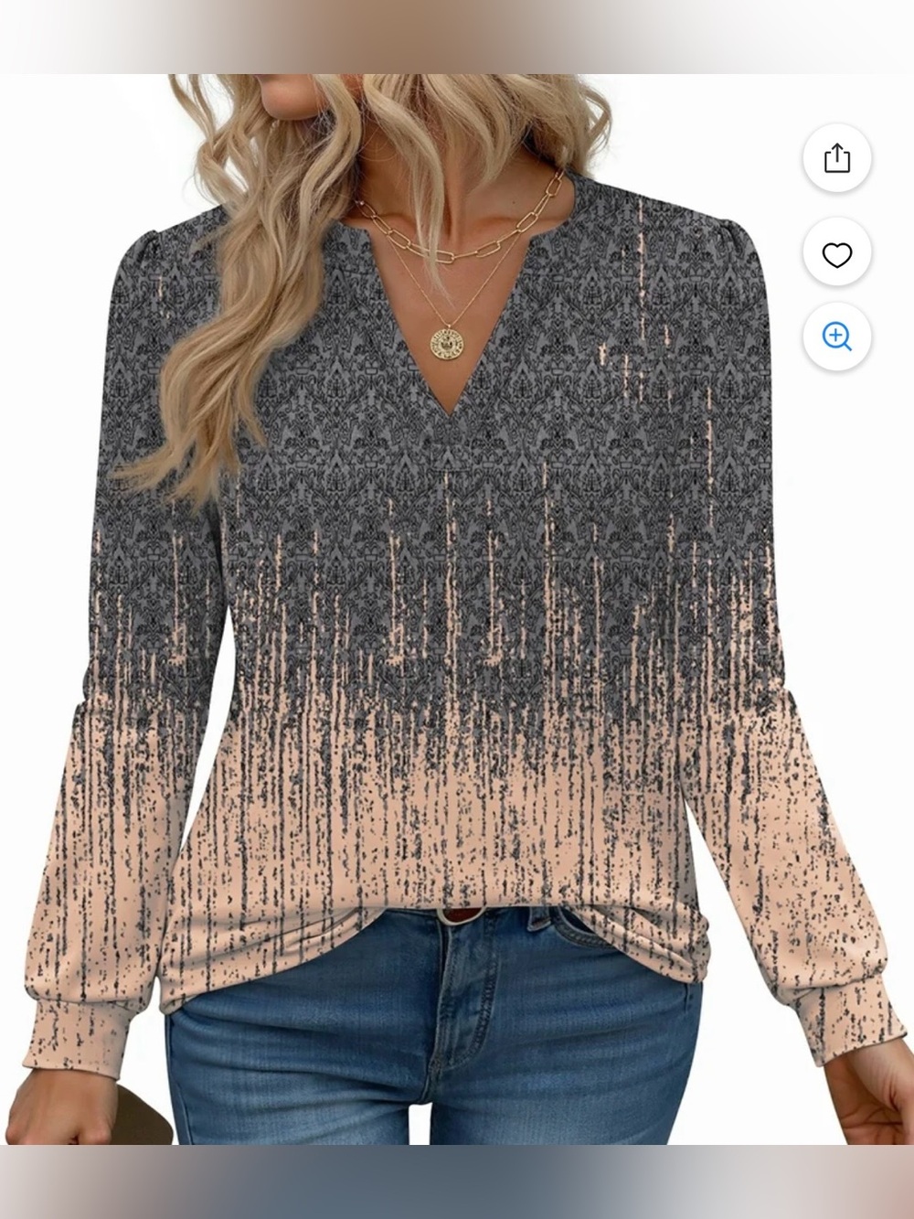 NWT Women’s V-Neck Ombre Print Blouse in Gray and Peach - Picture 2 of 5
